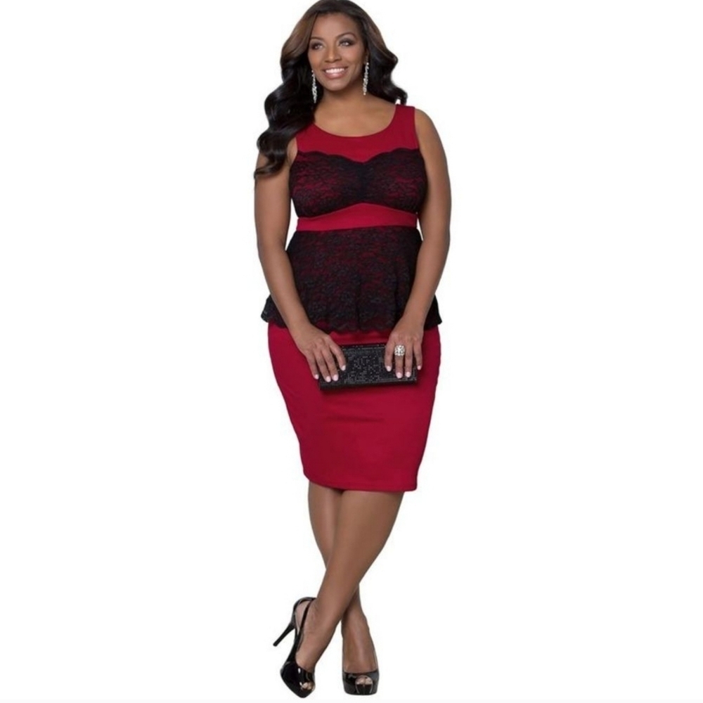NWT Kiyonna Women's Plus Size Lady in Lace Peplum Dress 1X Crimson/Black